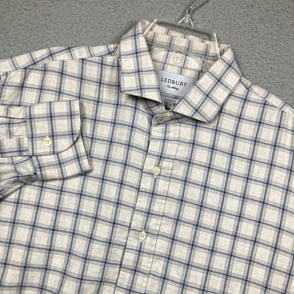 Ledbury Button Up Shirt Mens 18 Blue White Plaid Classic Fit Cotton Flannel